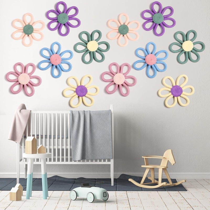 Ripeng 6 Pcs Boho Nursery Decor Flower Daisy Wall Art 6 Inch Woven Macrame Wall Hanging Bohemian Flower Decor Daisy Nursery for Baby Girls Kids Home Bedroom(Vivid Colors) - Image 4